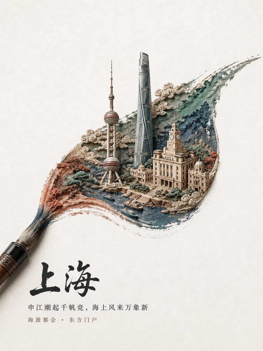 AI Prompt for Elegant City Tourist Poster with 3D Chinese Brushstroke Landmark
