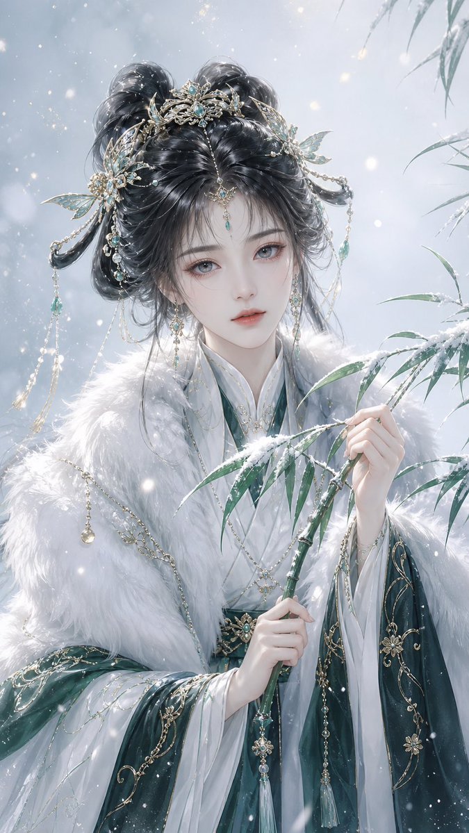 AI Prompt for Elegant Oriental Fantasy Female Portrait with Snowy Winter Aesthetics
