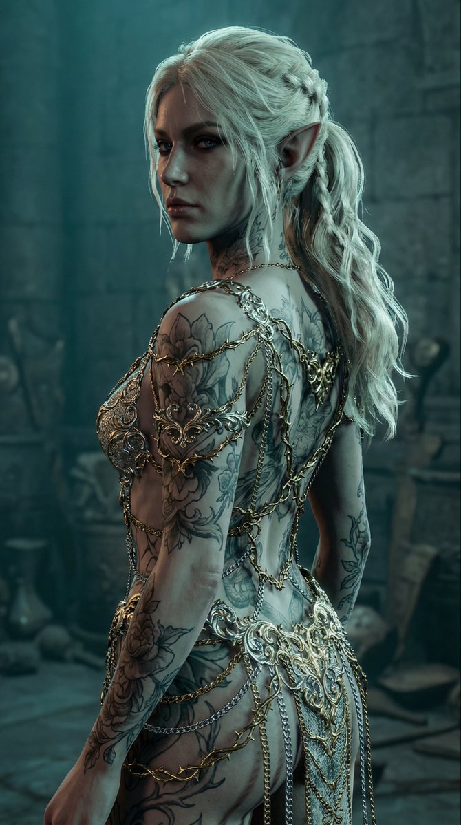 AI Prompt for Elven Woman in Ornate Chain Dress Fantasy Art