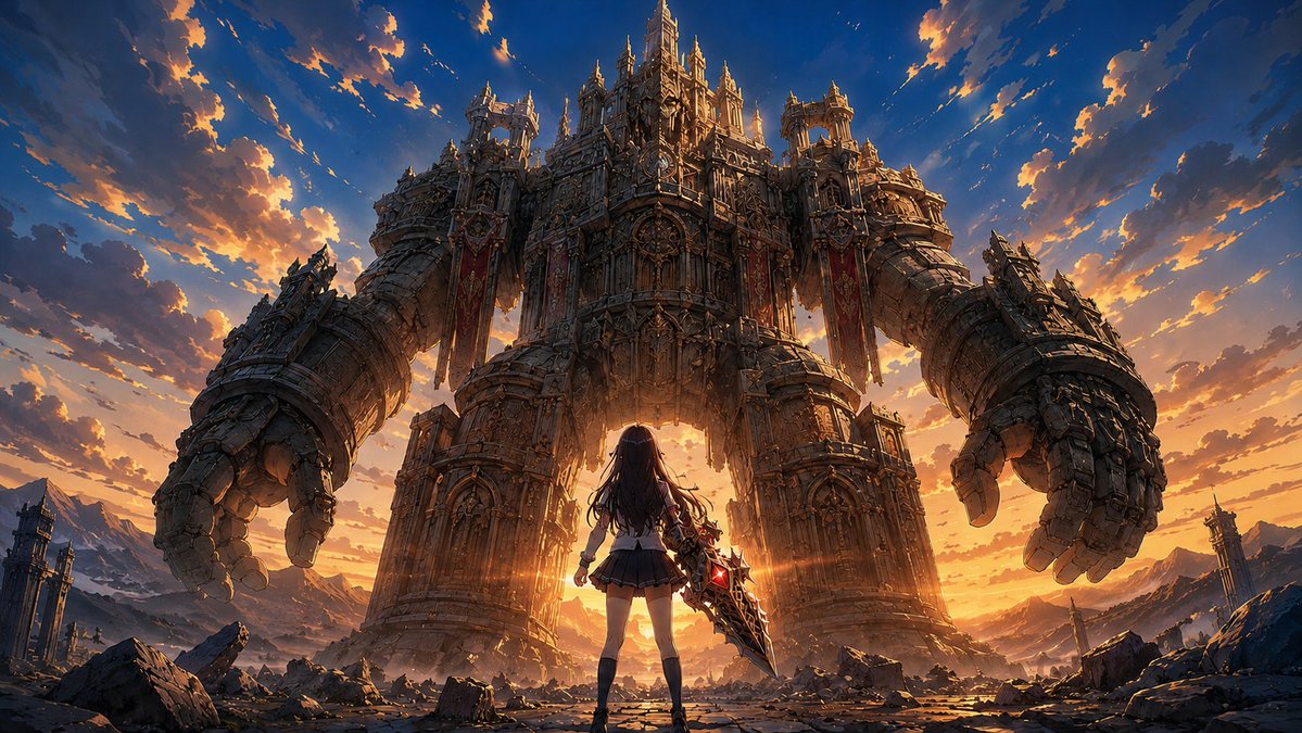 AI Prompt for Epic Anime-Style Fantasy Art: Colossal Golem vs Miniature Warrior