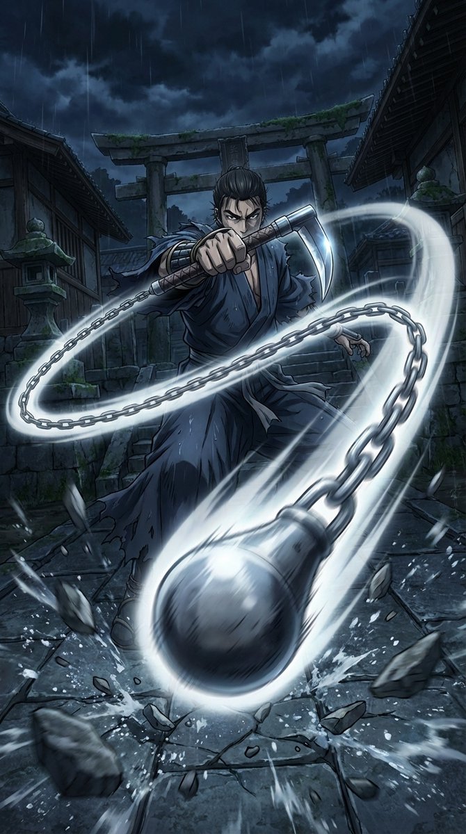 AI Prompt for Epic Anime-Style Kusarigama Warrior Battle Scene with Dynamic Lighting