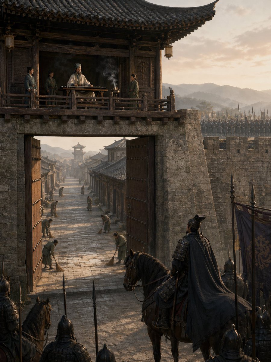 AI Prompt for Epic Historical Scene Generation: Zhuge Liang at the City Gate