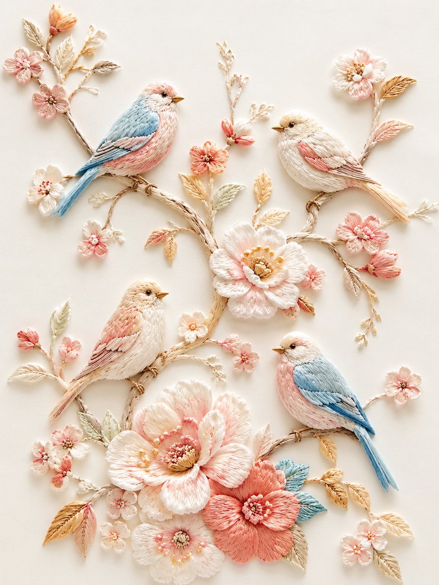 AI Prompt for Exquisite Minimalist Bird and Floral Embroidery Illustrations