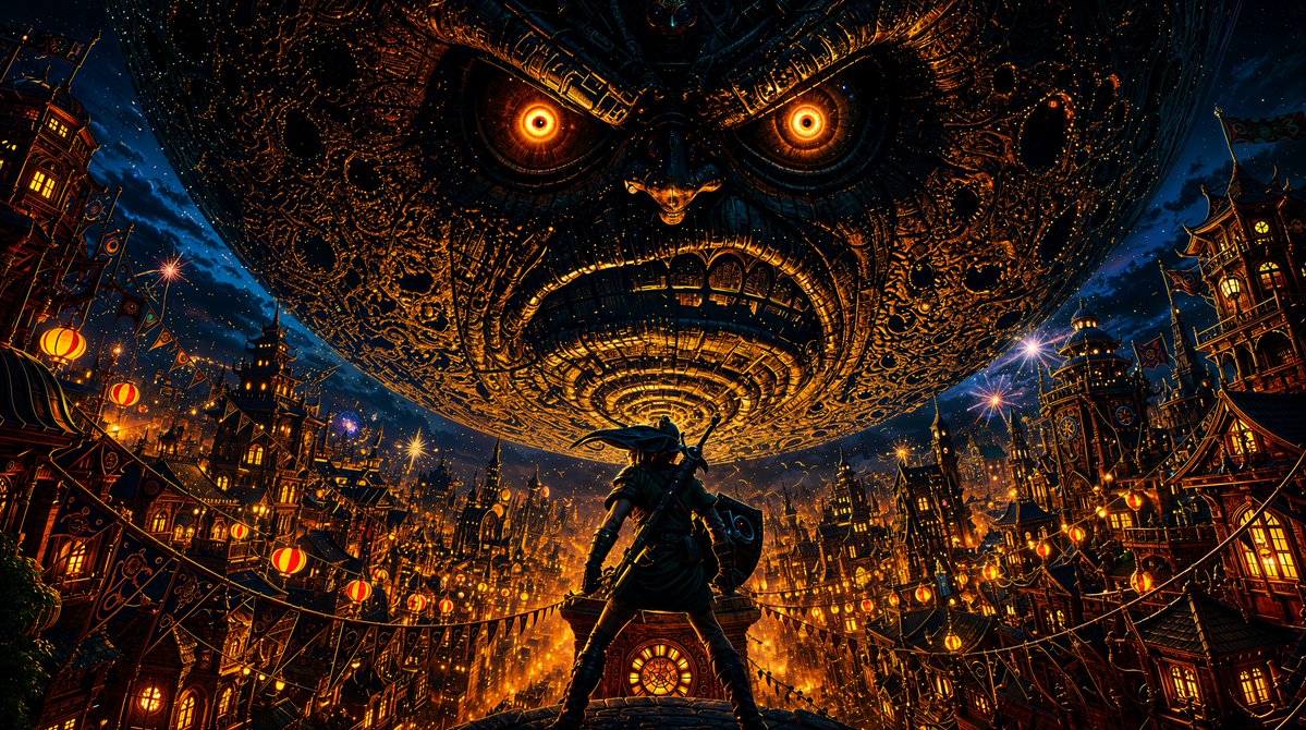AI Prompt for Fantastical Cinematic City Scene with Hero and Mechanical Moon