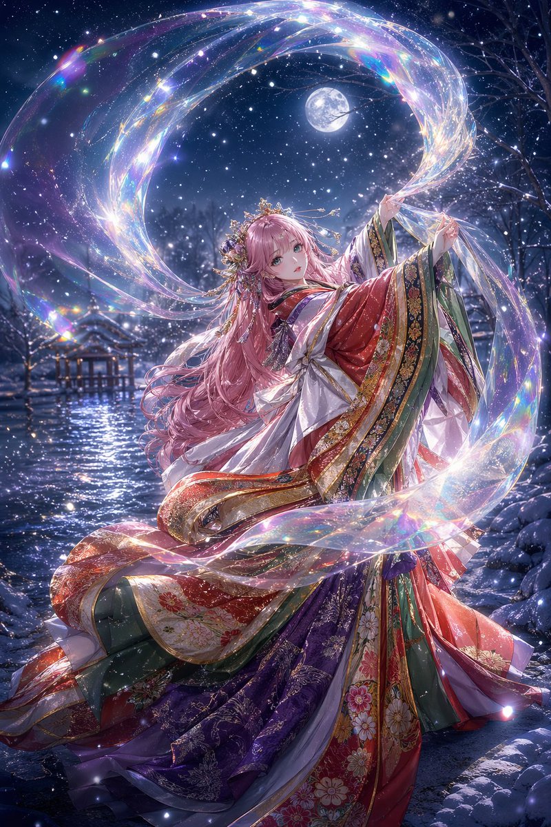 AI Prompt for Fantasy Anime Portrait with Magical Ribbons and Full Moon