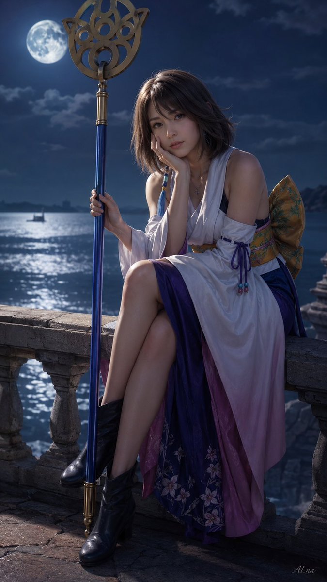 AI Prompt for Fantasy Cosplay Portrait with Staff on Moonlit Seaside
