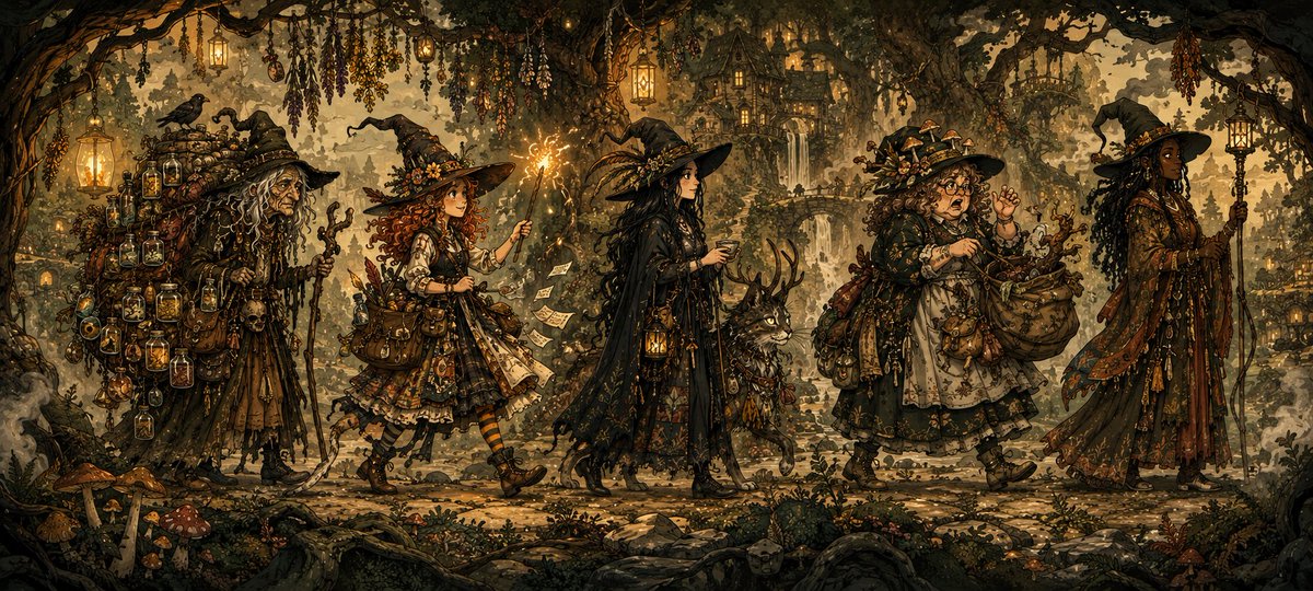 AI Prompt for Fantasy Illustration of Witches in Autumn Forest