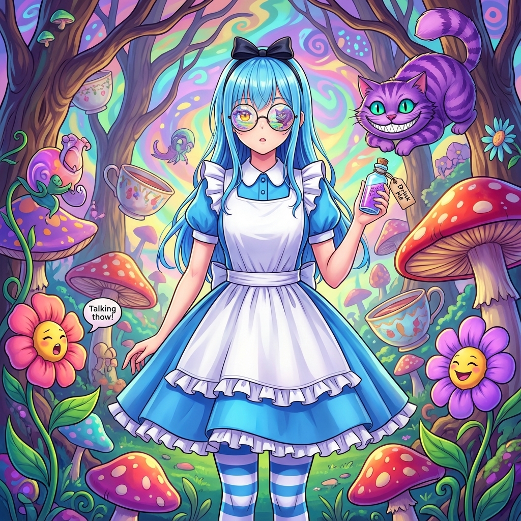 AI Prompt for Fantasy Portrait Image Generation: Whimsical Alice in Wonderland Scene
