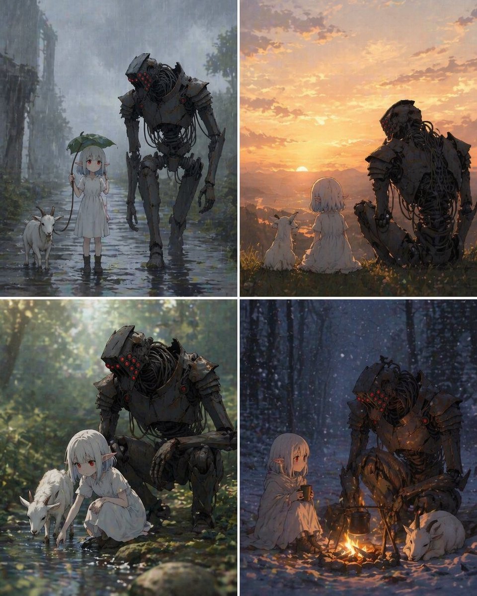 AI Prompt for Fantasy Scene with Cartoon Girl, Robot, and Goat
