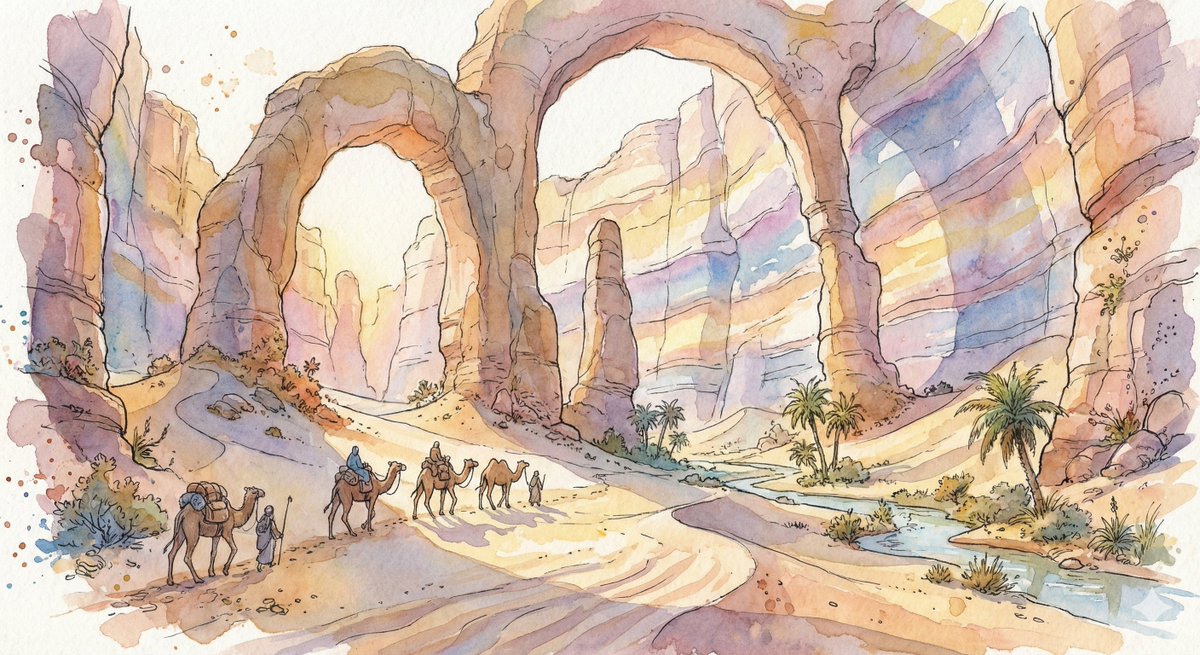 AI Prompt for Fantasy Watercolor Desert Canyon Illustration with Caravan