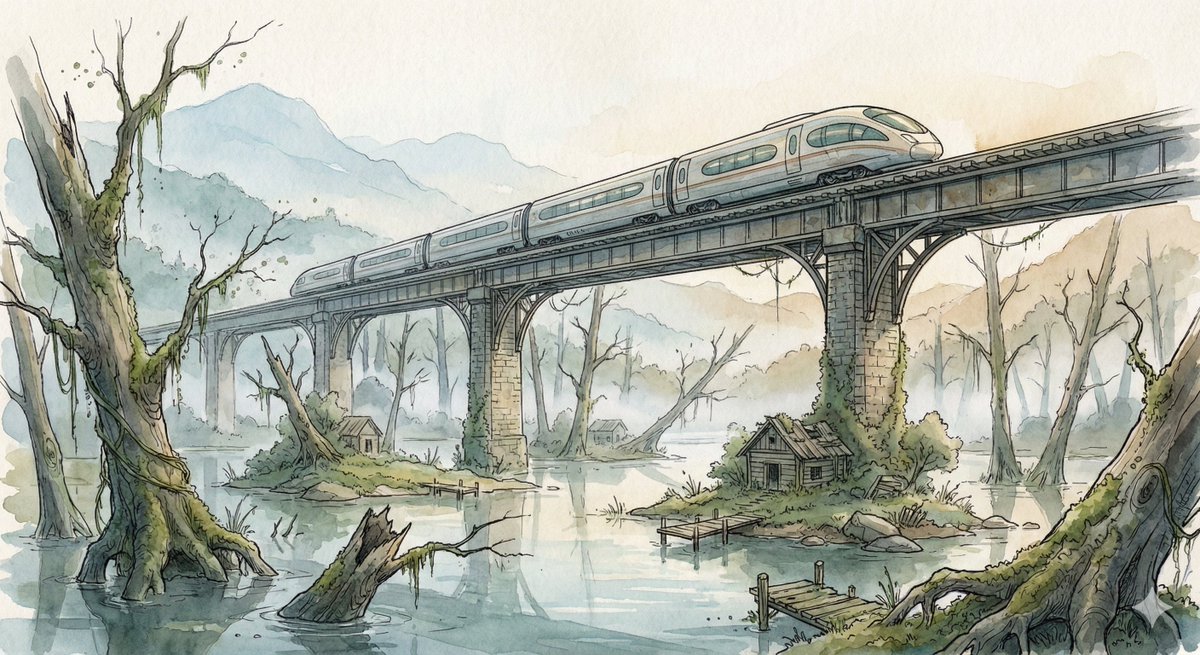 AI Prompt for Fantasy Watercolor Landscape Illustration of Elevated Rail Bridge over Flooded Forest