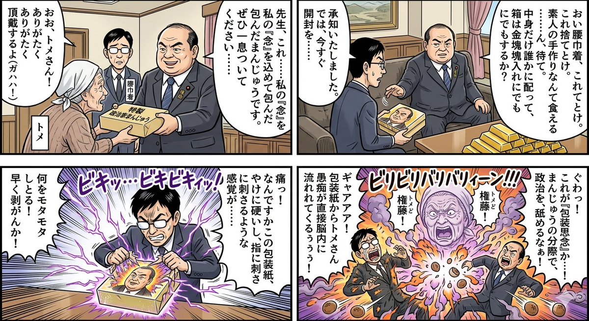 AI Prompt for Four-Panel Manga Illustration with Politician Manju Theme