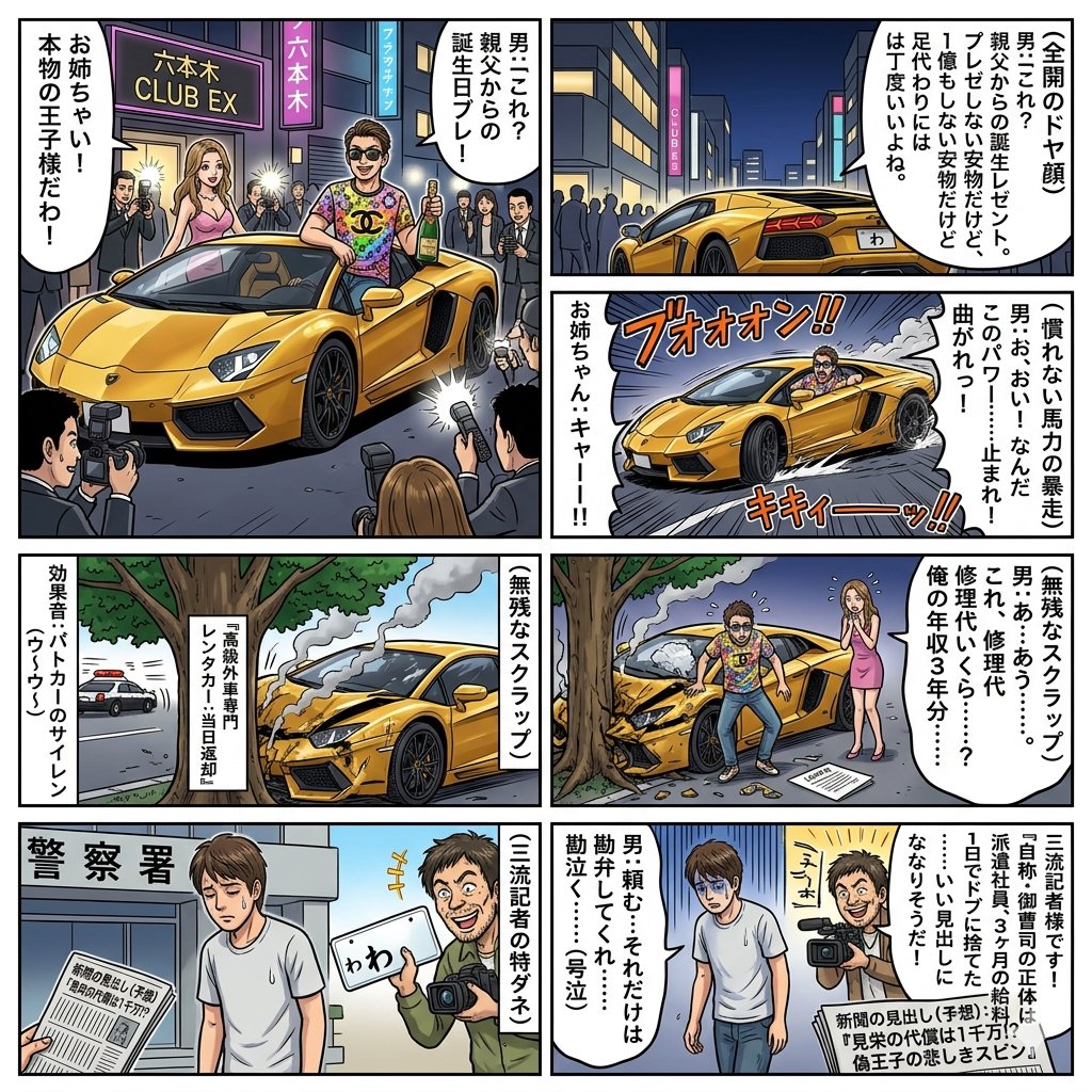 AI Prompt for Four-Panel Manga Image with Rental Car Theme