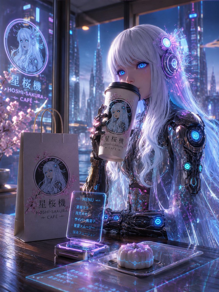 AI Prompt for Futuristic Anime Cafe Scene with Cyberpunk Elements
