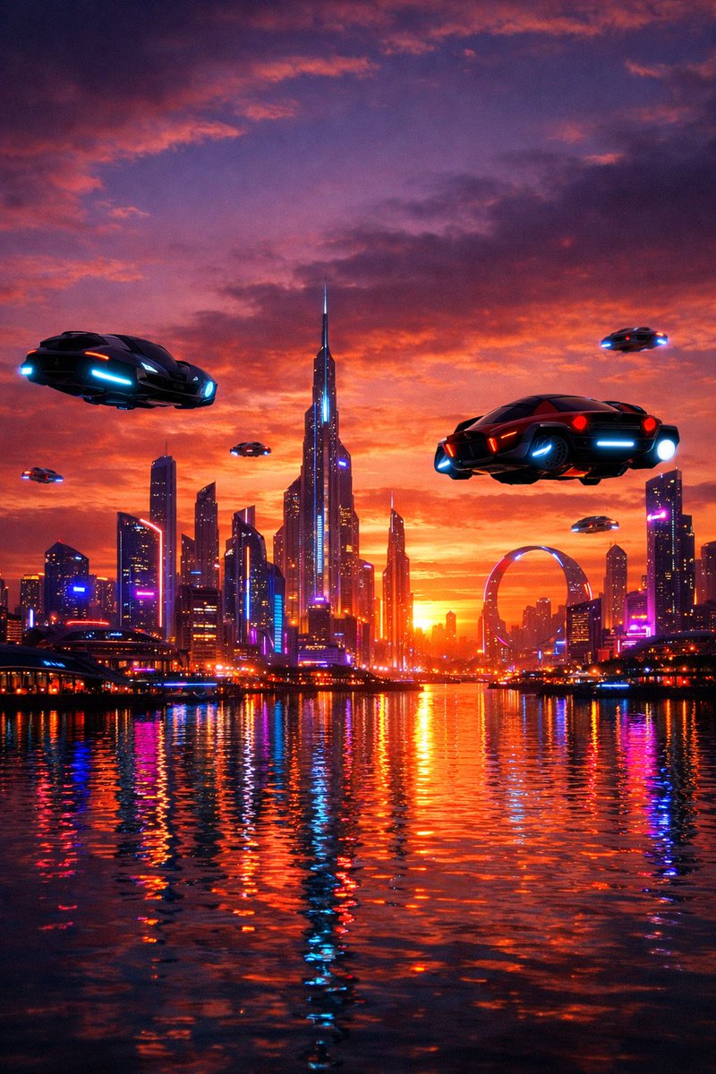 AI Prompt for Futuristic City Skyline at Sunset with Flying Cars and Neon Lights