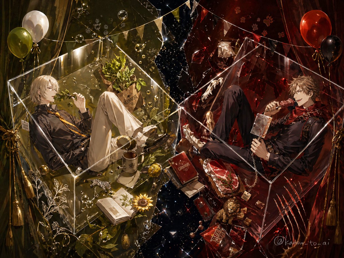 AI Prompt for Generating Anime Couples in Crystal Boxes - 2 Male Character Art