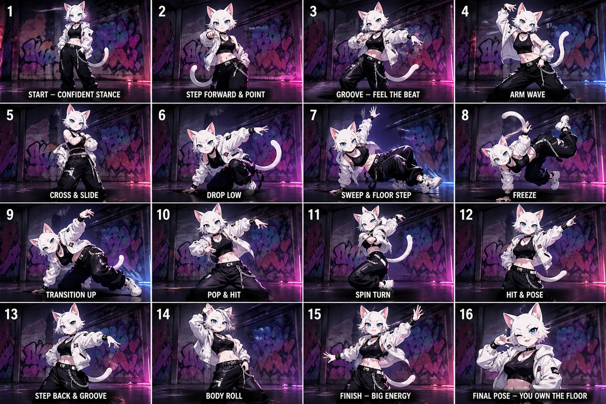 AI Prompt for Generating Anime Dance Character Designs in a 4x4 Grid Format
