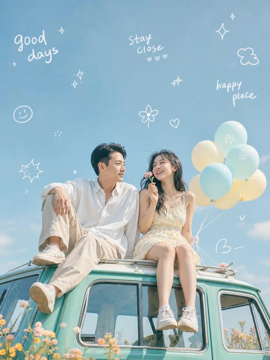 AI Prompt for Generation: Dreamy Couple on a Vintage Van