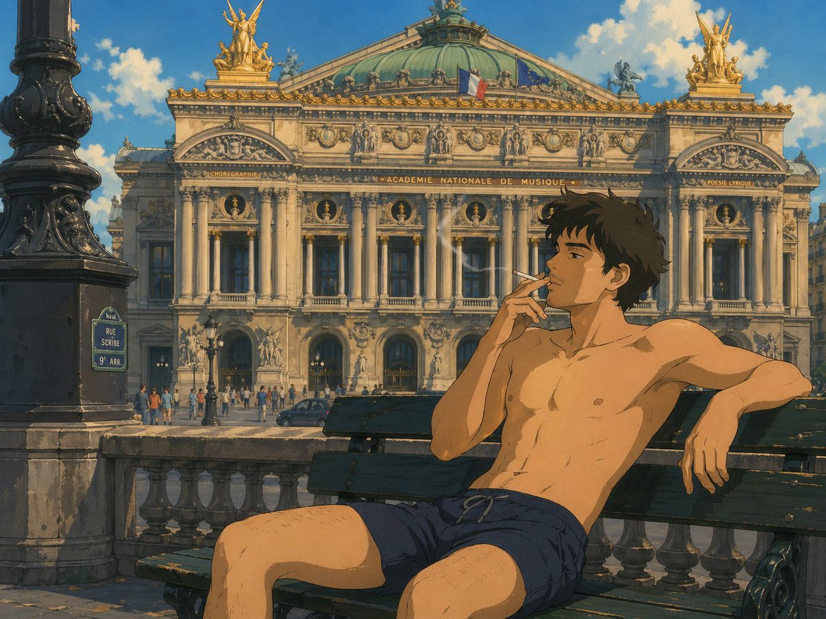 AI Prompt for Ghibli-Inspired Anime Scene: Shirtless Man Smokers at Paris Opéra Garnier