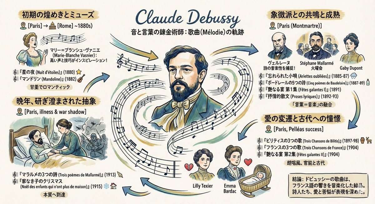 AI Prompt for Graphic Infographic of Composer Debussy's Art Songs