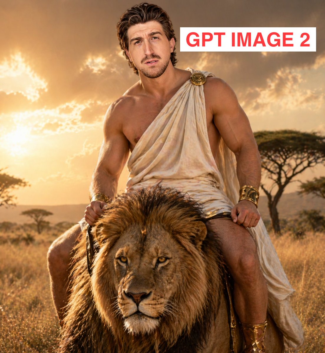 AI Prompt for Greek God Müslüman Ride Lion Savanna