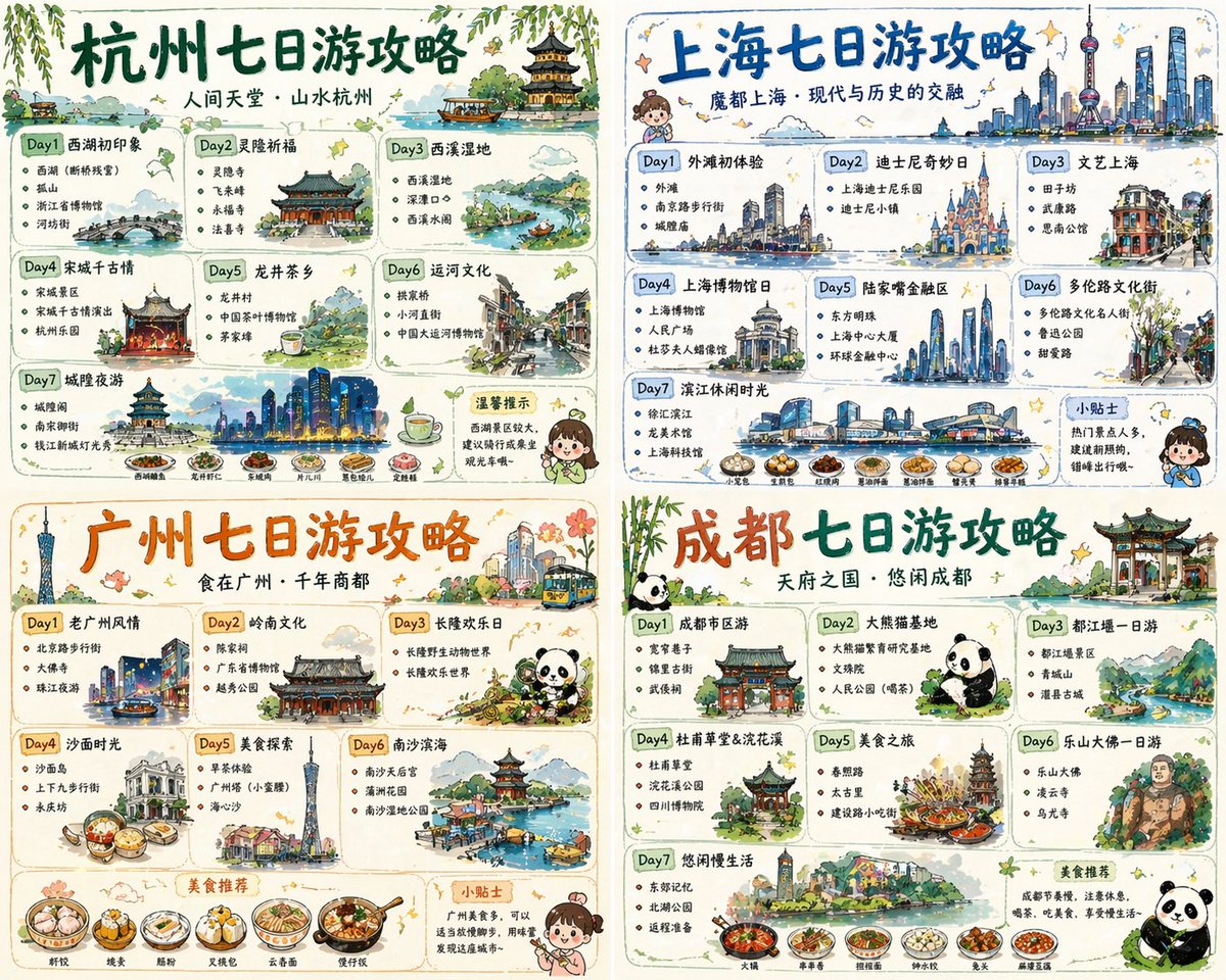 AI Prompt for Hand-Painted Four-Panel Chinese Travel Guides and Posters