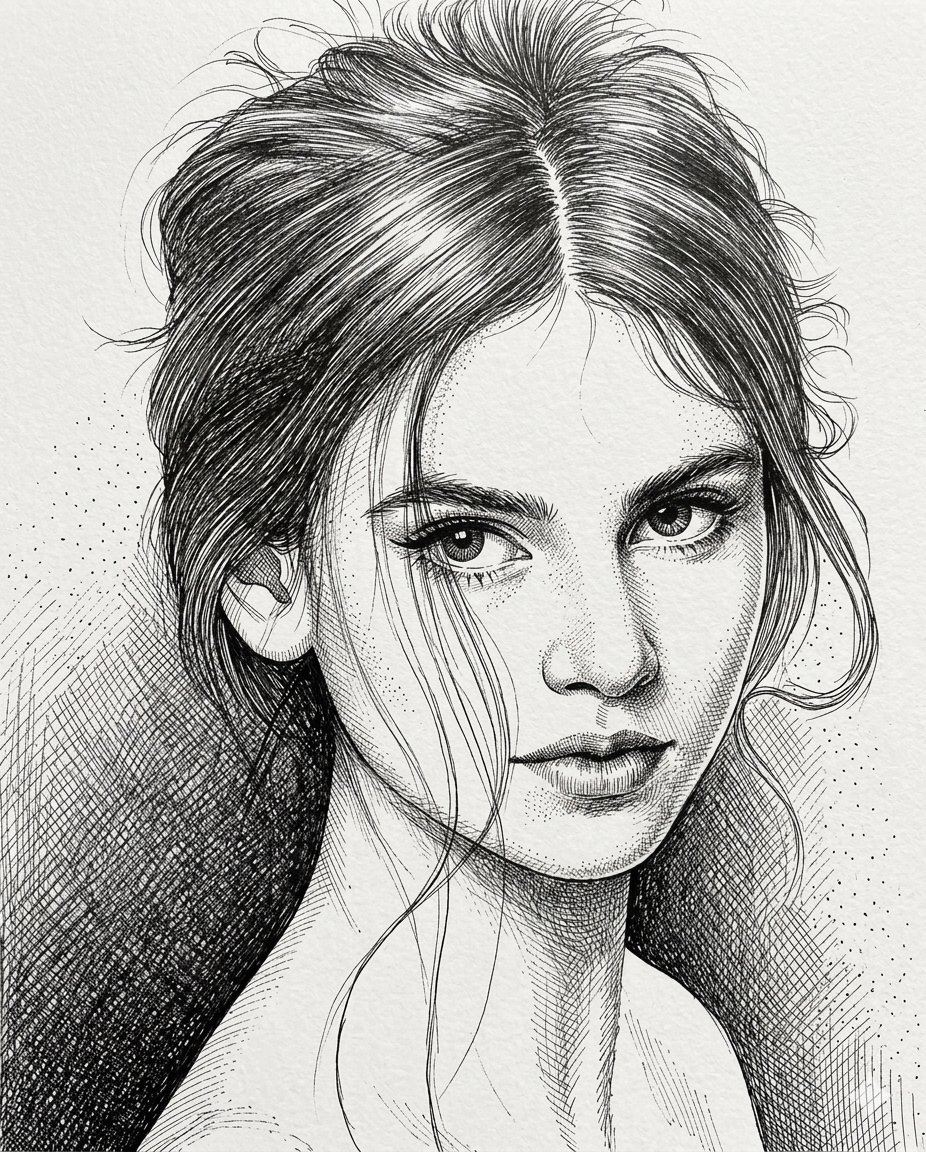 AI Prompt for High Contrast Pen and Ink Portrait Art with Intricate Details