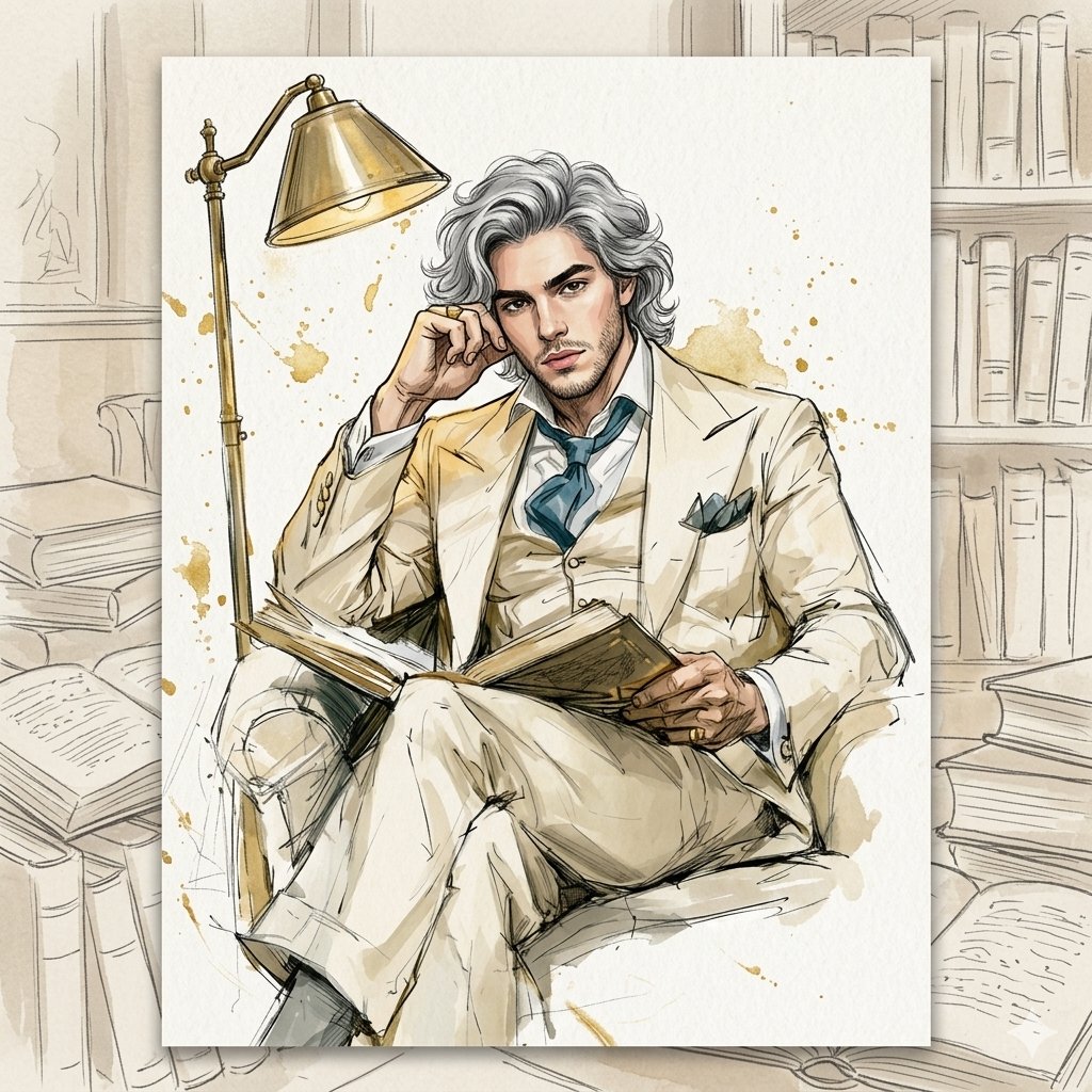 AI Prompt for High-End Library Illustration with Ink and Watercolor Techniques