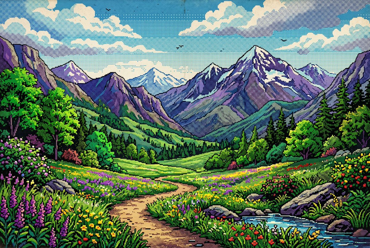 AI Prompt for High-Quality Pixel Art Mountain Landscape with Retro Vintage Twist