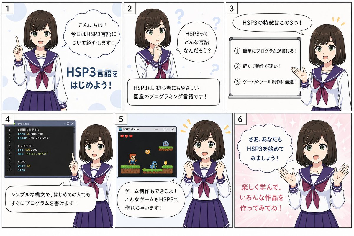AI Prompt for HSP3 Programming Comic Art: Japanese Anime Infographic for Beginners