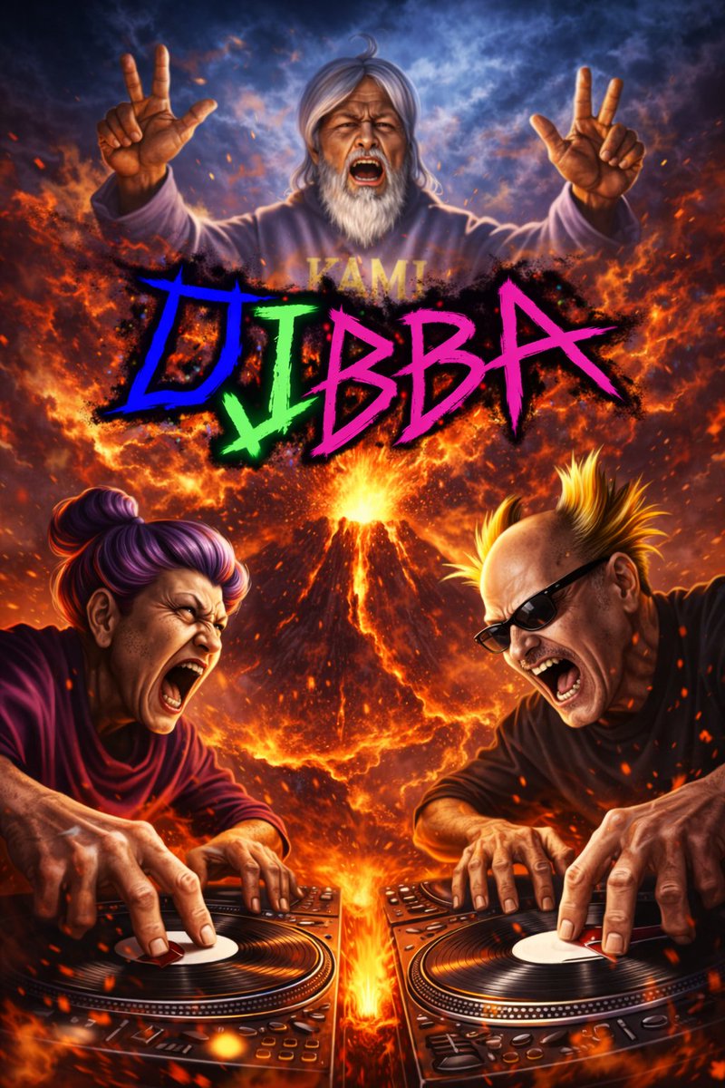 AI Prompt for Humorous Illustration of Elderly DJs with Volcano Background