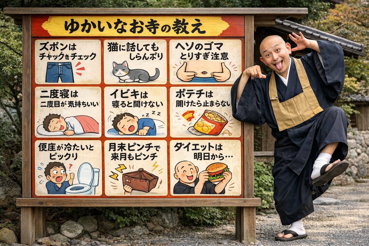 AI Prompt for Humorous Religious Signboard Image with Illustrious Monk