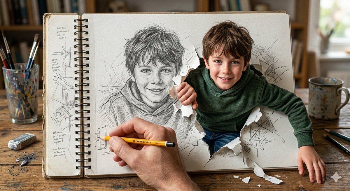 AI Prompt for Hyper-Realistic 3D Illustration of Boy Emerging from Sketchbook