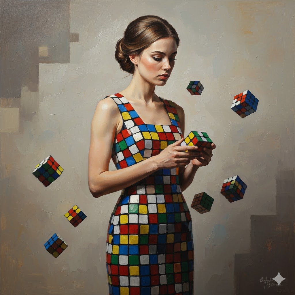 AI Prompt for Hyper-Realistic Fashion Illustration with Rubik's Cube Dress