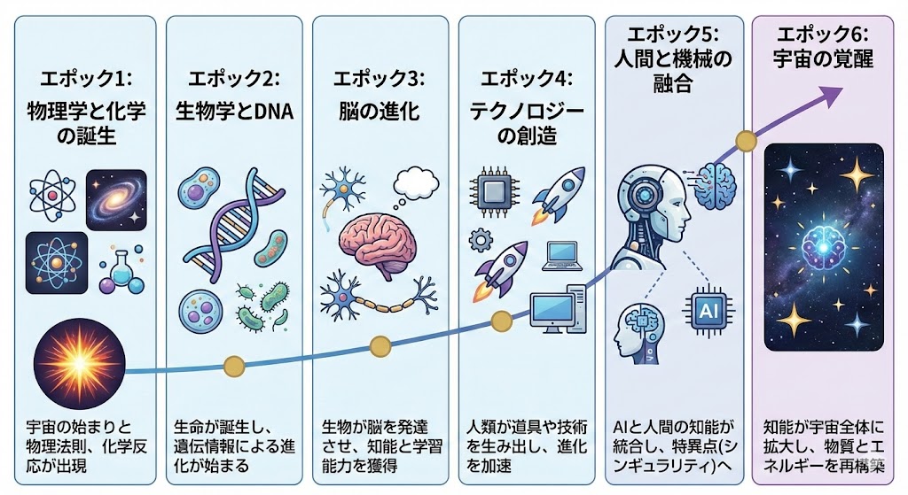 AI Prompt for Illustrated Infographic about Kurzweil's Six Epochs in Japanese