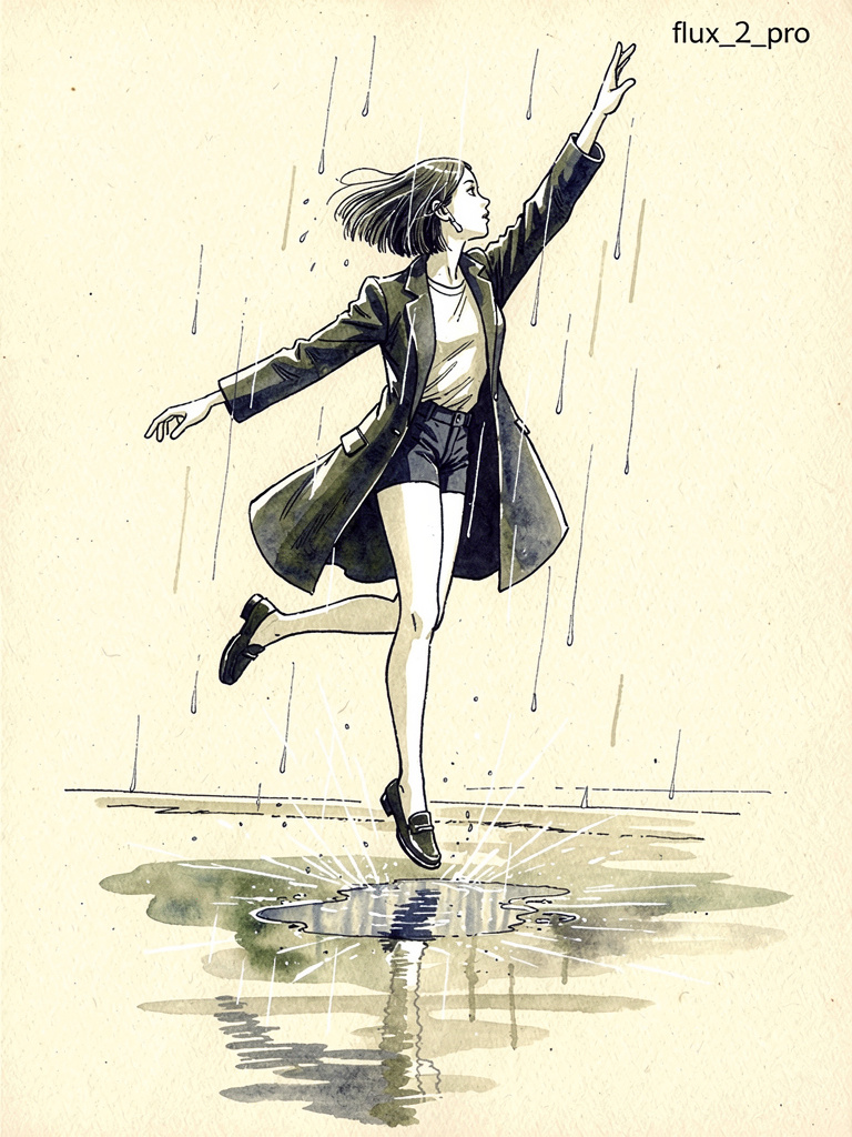 AI Prompt for Illustration: Ink Pen Style Woman in Rainy City