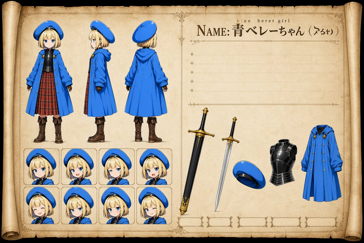 AI Prompt for Illustrator: Blue Beret Girl Character Design Sheet