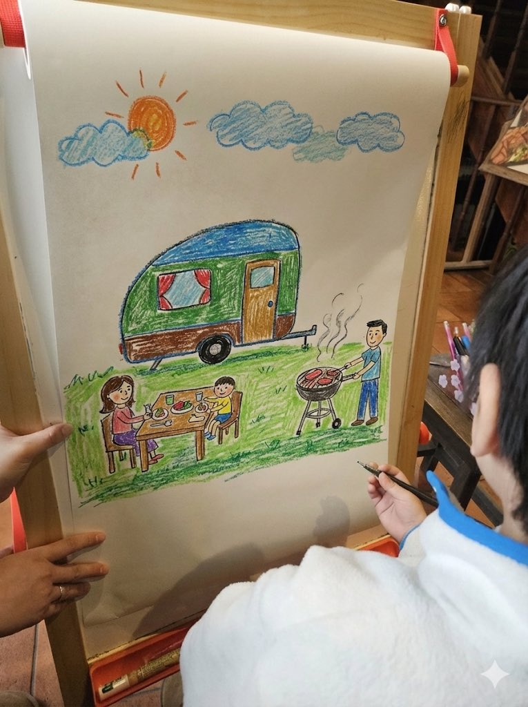 AI Prompt for Instant Childlike Crayon Drawing Effect on Family Camping Scene