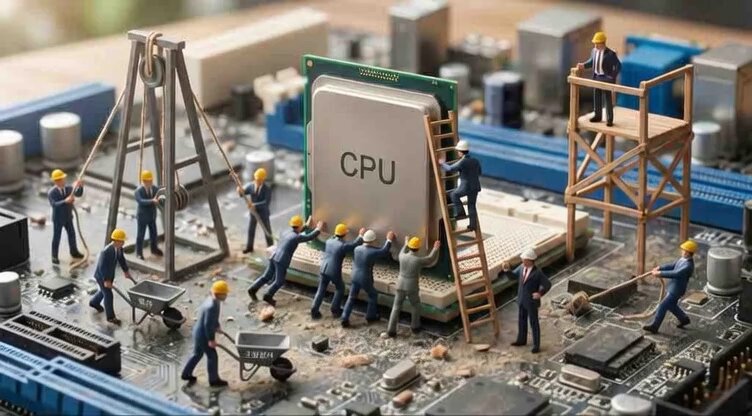 AI Prompt for Isolated Computer Chip Scene with Miniature Workers