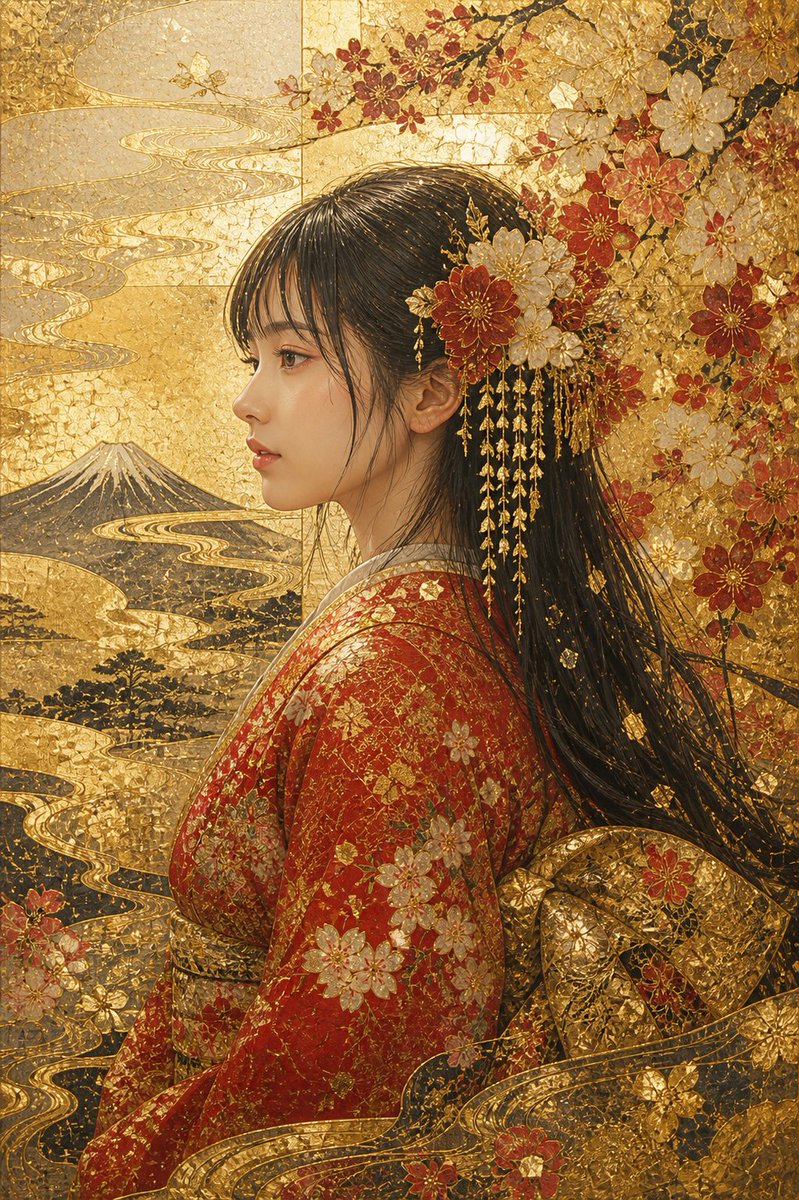AI Prompt for Japanese Gold Leaf Kimono Portrait Illustration