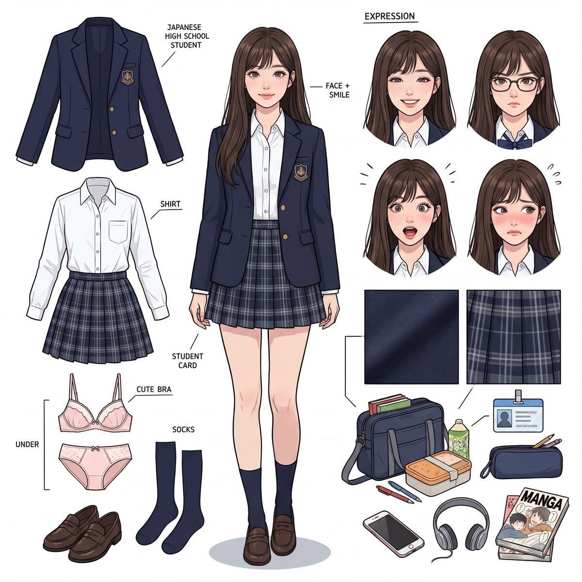 AI Prompt for Japanese High School Girl Character Design Concept Art