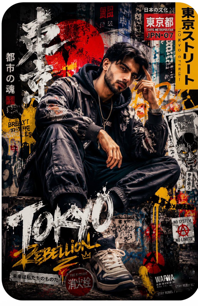 AI Prompt for Japanese Street Art Portrait Poster: Urban Chic Fashion Editorial