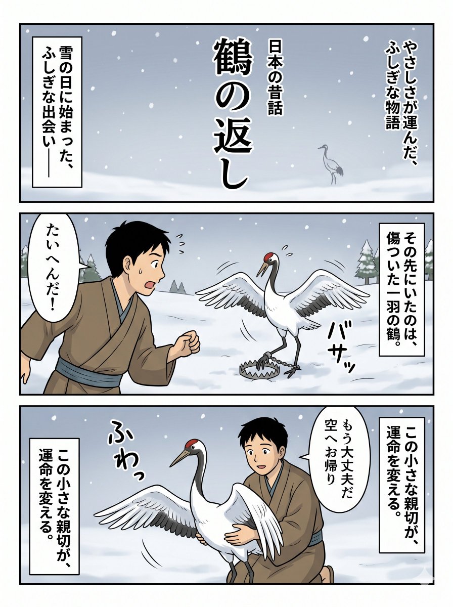 AI Prompt for Japanese-Style Manga Page with Crane and Young Man in Snow