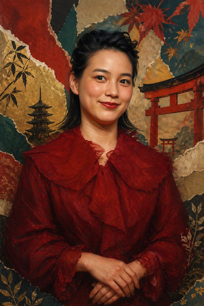 AI Prompt for Japanese-Style Portrait with Crimson Ruffled Outfit