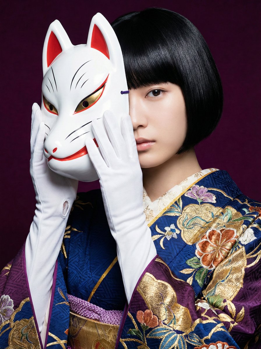 AI Prompt for Japanese Style White Fox Goddess Illustration with Traditional Kimono