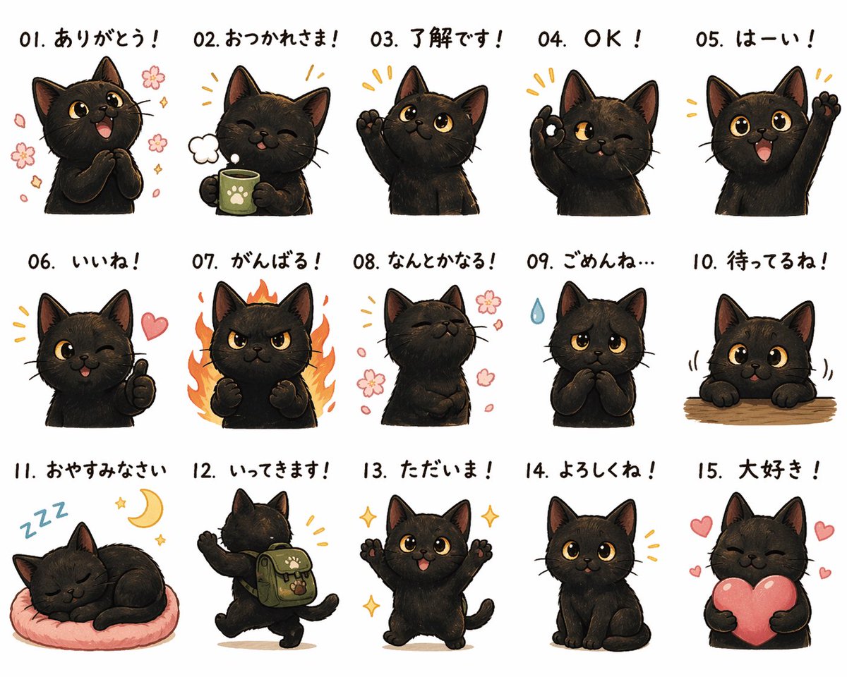 AI Prompt for Kawaii Black Cat Stickers with Japanese Reactions