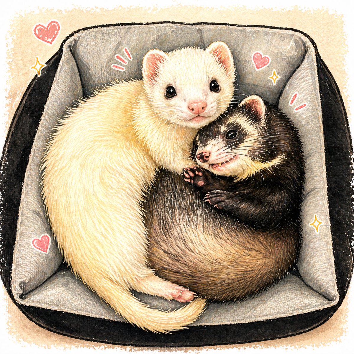 AI Prompt for Kawaii Ferret Illustration: Generate Cozy Cuddling Ferrets in Pet Bed