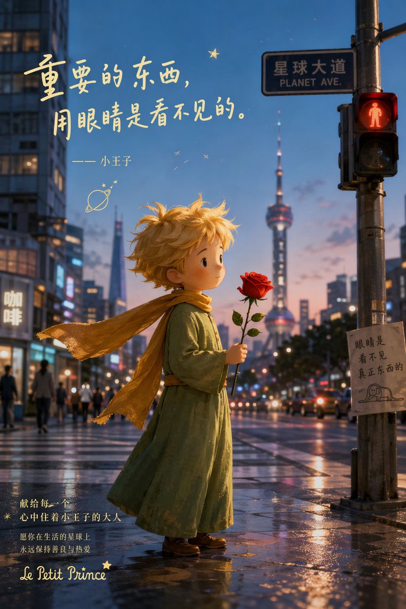 AI Prompt for Little Prince Inspired Shanghai Rain Cityscape Illustration