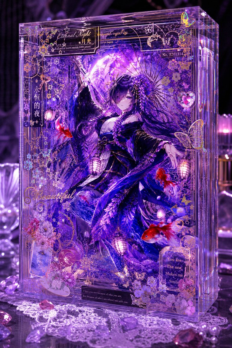 AI Prompt for Luxury Anime Product Photography with Gold Foil Accents and Violet Lighting