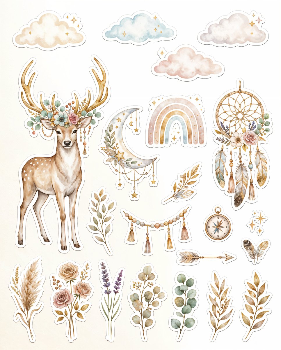 AI Prompt for Luxury Boho Sticker Collection with Golden Deer and Botanicals